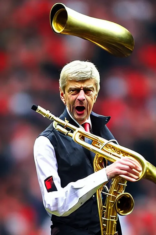 Prompt: a photo of arsene wenger going wild on a saxaphone