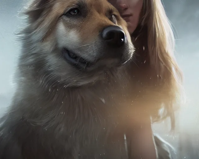 Prompt: epic cinematic shot of beautiful scandinavian woman with symmetrical face stunning eyes and long blonde hair playing with german shephard dog, weta disney pixar, hi - fructose, decadent highly - detailed digital painting, golden ratio, octane render, artstation, cinematic composition, smooth, sharp focus, artgerm, mucha, loish, wlop hdr