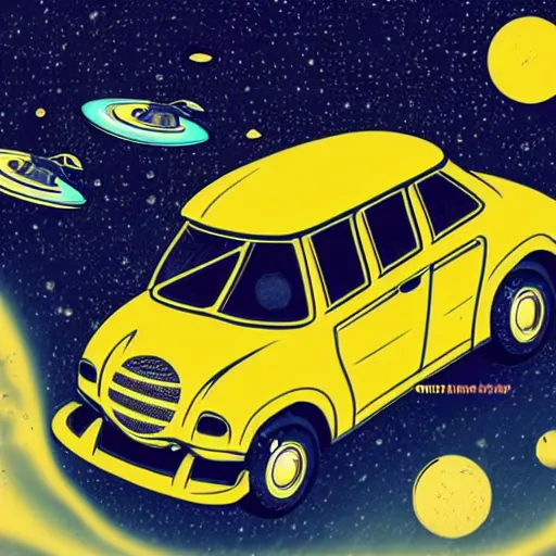 Prompt: retro - futurism, car in space