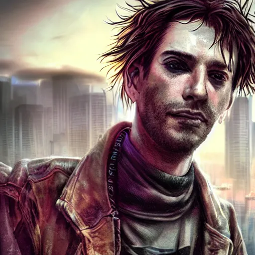 Image similar to cyberpunk, closeup portrait of a shaggy cyberpunk junkie in his 2 0 s, eye bags, three day stubble, ex junkie, dramatic light, city background, sunset, dystopian setting, high contrast, sharp, neuromancer, henry dorsett case, painted by stanley lau, painted by greg rutkowski, painted by stanley artgerm, digital art, trending on artstation