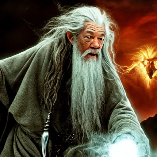 Image similar to Morgan Freeman as Gandalf the Grey fighting the balrog, still from Lord of the Rings movie, detailed, 4k