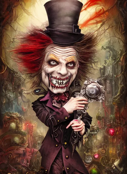 Prompt: mad hatter, angry, scary, cheeky, steampunk style, highly detailed, cinematic, 8 k, by megan duncanson, benjamin lacombe, stanley artgermm, tom bagshaw, craig mullins, carne griffiths, ayami kojima, beksinski, giger, trending on deviantart, hyper detailed, horror, full of colour