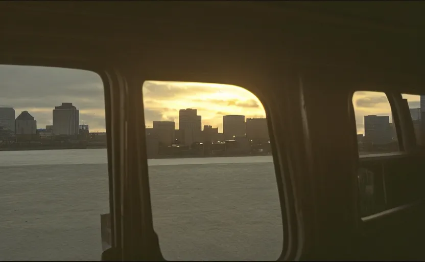 Prompt: photo of sunrise view of buffalo as seen from bus, scene from being john malcovich film directed by charlie kaufman ( 2 0 0 1 ), moody cinematography and lighting, 2 4 mm anamorphic lens