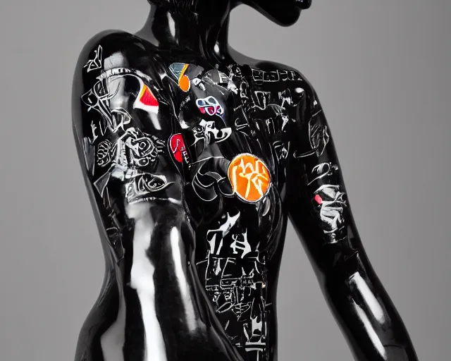 Image similar to extremely beautiful black marble statue with colorful japanese motorcycle logos in the style of fashion designer virgil abloh, sharp focus, clear, detailed,, cinematic, detailed, off white, glamourous, symmetrical, vogue, editorial, fashion, magazine shoot, glossy