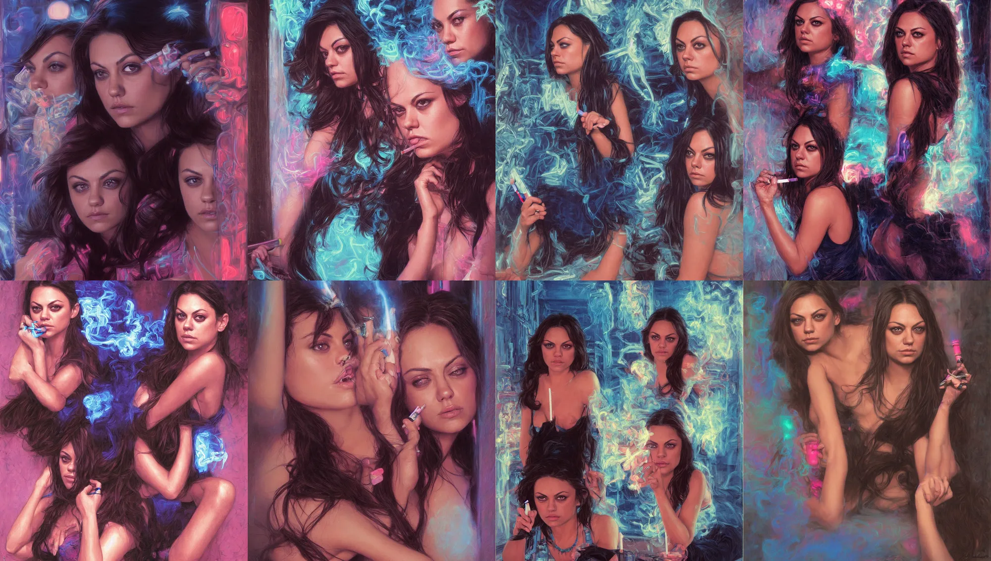 Image similar to portrait mila kunis looking into the camera leaning back against a wall smoking a cigarette, blue and pink neon lit entrance, 1 9 8 0 s, intricate, moody, tasteful, intimate, highly detailed, short focus depth, artgerm, donato giancola, joseph christian leyendecker