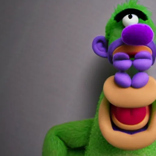 Image similar to A still of Waluigi reimagined as a Muppet, photorealistic