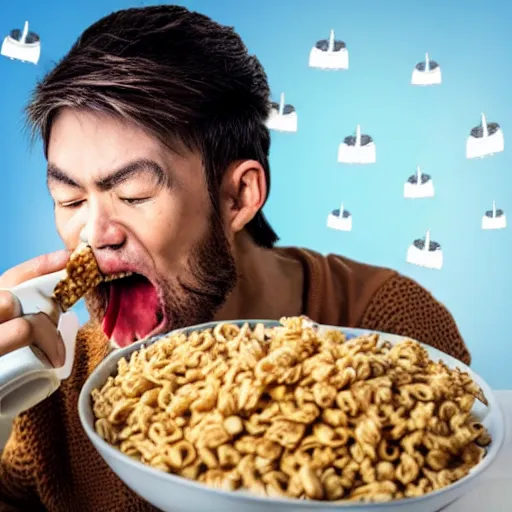 Prompt: battle weary samurai eating king wheat cereal as missiles fly above him