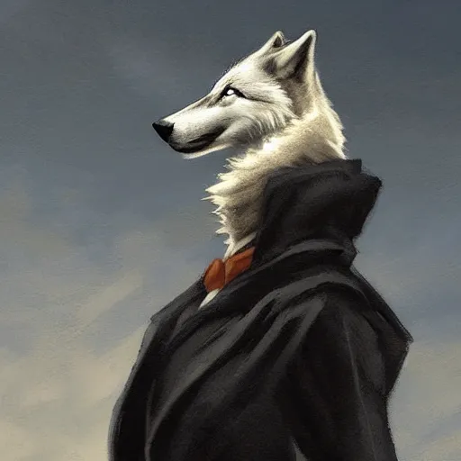 Prompt: an anthropomorphic wolf in a black doublet looking out over the hills, artstation hq, stylized, sharp focus, concept art, furaffinity fursona, furry, anthropomorphic, by gregory manchess and norman rockwell