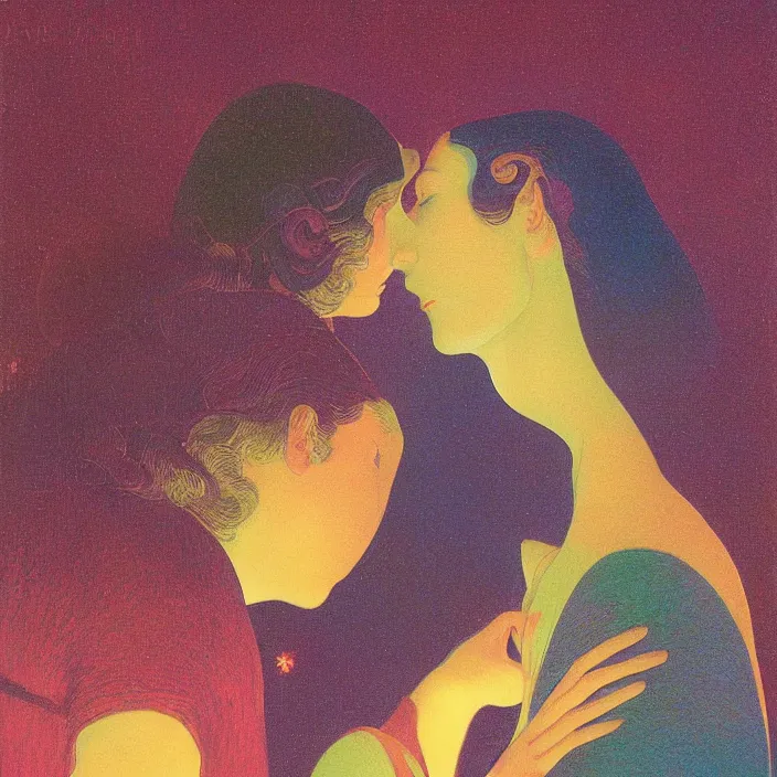 Image similar to close portrait of woman and man kissing. aurora borealis. iridescent, vivid psychedelic colors. painting by georges de la tour, agnes pelton, utamaro, monet