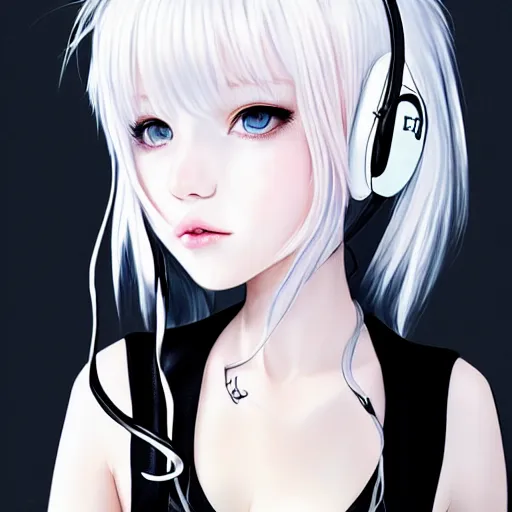 Image similar to realistic detailed semirealism beautiful gorgeous natural cute excited happy Blackpink Lalisa Manoban white hair white cat ears blue eyes, wearing black camisole outfit, headphones, black leather choker artwork drawn full HD 4K high resolution quality artstyle professional artists WLOP, Aztodio, Taejune Kim, Guweiz, Pixiv, Instagram, Artstation