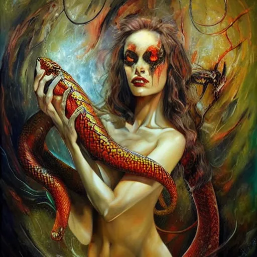 Image similar to a horrific evil demon and a serpent, ethereal, painting by karol bak