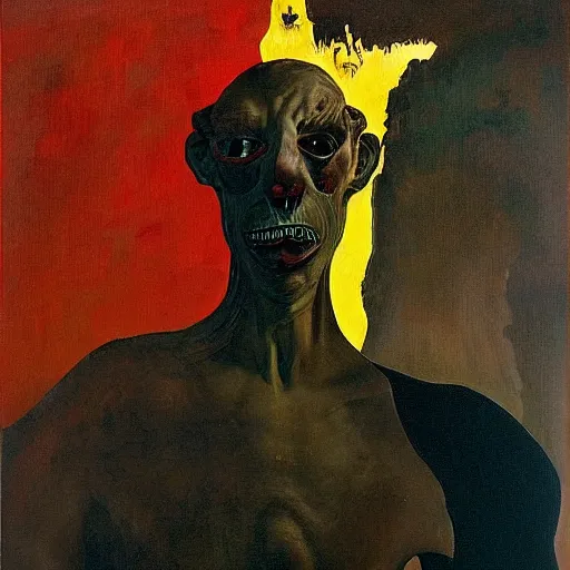 Image similar to Oil painting with black background by Christian Rex Van Minnen Robert Williams Salvador Dali of a portrait of an extremely bizarre disturbing mutated man with intense chiaroscuro lighting perfect composition