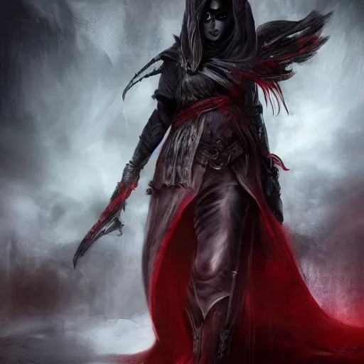 Prompt: fantasy character concept portrait, digital painting, wallpaper of a assassin with a red blindfold over her eyes, clothed wearing a cloak of liquid darkness, halo, by aleksi briclot, by laura zalenga, by alexander holllow fedosav, 8 k dop dof hdr, vibrant, mystic dark cave