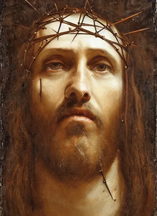 Image similar to portrait of jesus christ wearing a crown of thorns on the cross, by nicola samori, painting, 8 k, high detail