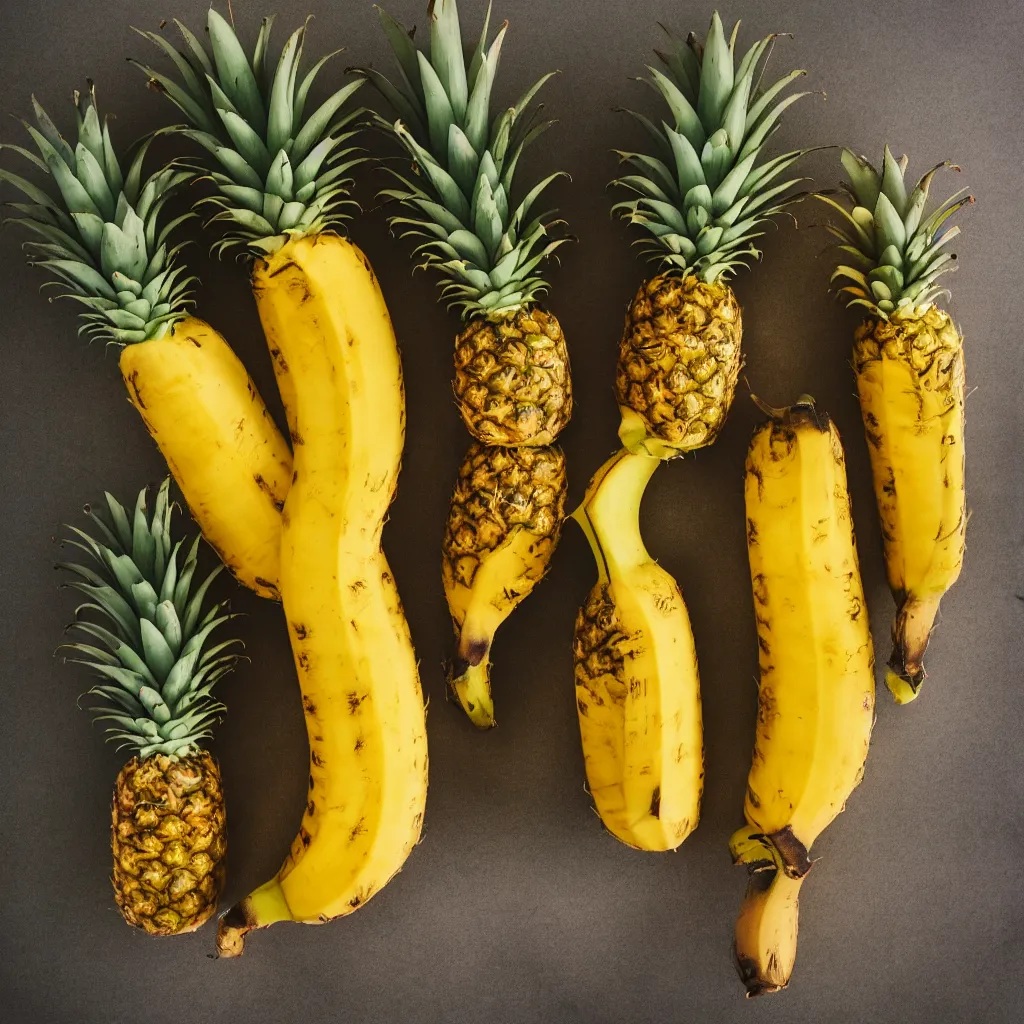 Image similar to pineapple that looks like a banana, hyper real, food photography, high quality