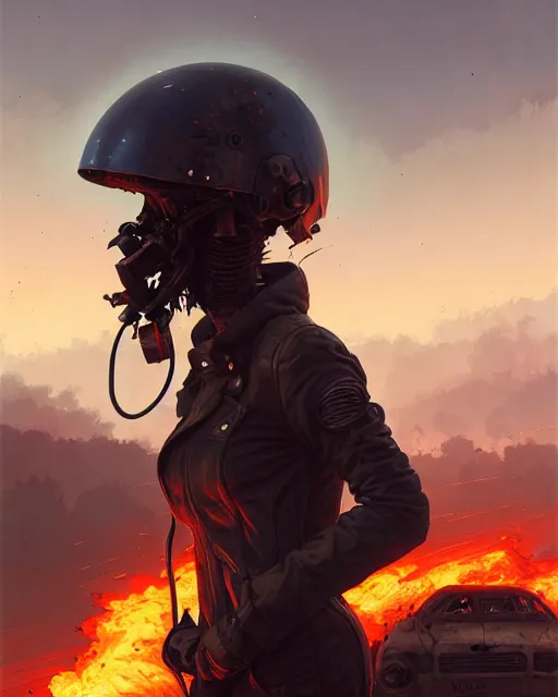 Image similar to a ultradetailed beautiful panting of post apocalyptic biker with helmet in front of crashed airplane burning, by ilya kuvshinov, greg rutkowski and makoto shinkai, trending on artstation