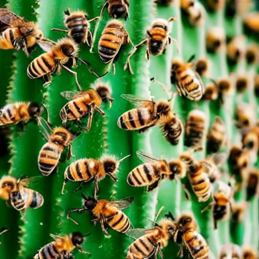 Image similar to close up shot of a swarm of bees around a cactus in the desert ultra realistic