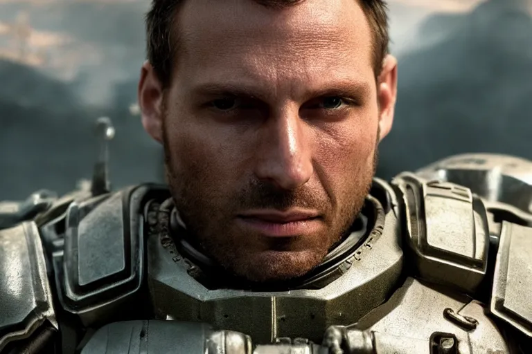 Image similar to VFX movie of a futuristic spacemarine closeup portrait in war zone, beautiful natural skin natural lighting by Emmanuel Lubezki