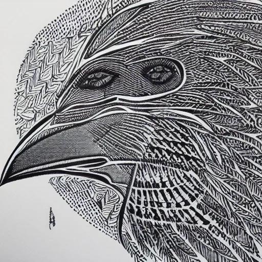 Image similar to crow, detailed intricate block print, 4k, black ink on white paper