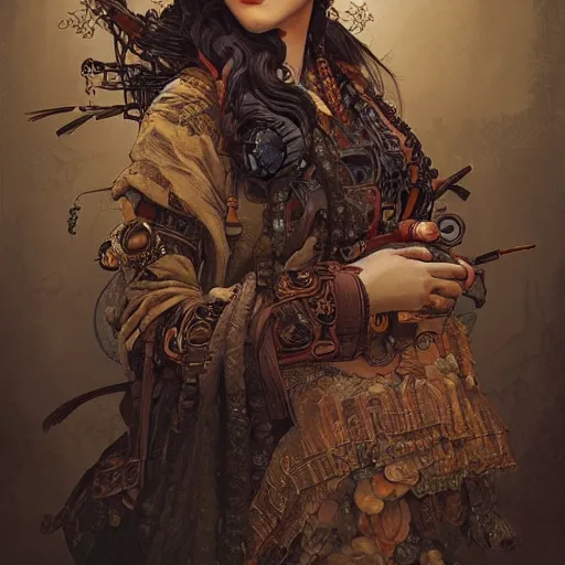 Image similar to steampunk rugged Chinese lady, surreal, dramatic lighting, face, detailed, intricate, elegant, highly detailed, digital painting, concept art, smooth, sharp focus, illustration, art by Sam Spratt, Dan Mumford, Artem Demura and Alphonse Mucha