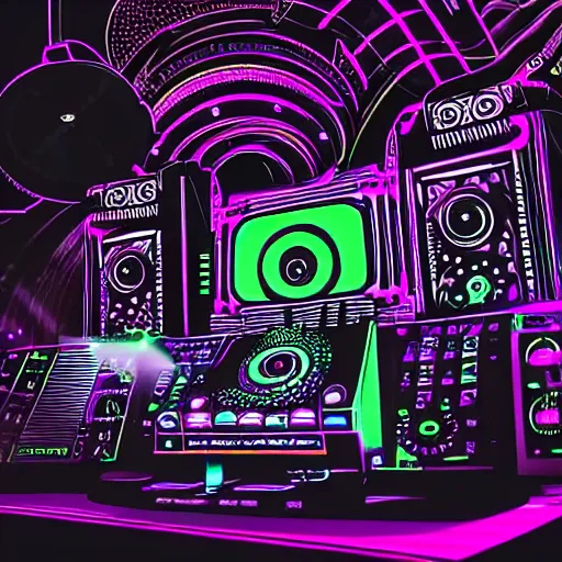 Image similar to intricate detailed artwork of a futuristic hardstyle music dj at an underground warehouse rave in the style of Sandra Pelser, VR headset, wires, speakers, neon