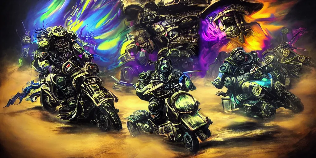 Prompt: psychedelic blacklight airbrush artwork, motorcycles, hyper stylized action shot of orcs in battle armor racing on motorcycles, menacing orcs, drifting, skidding, wheelie, clear focused details, soft airbrushed artwork, black background, post - apocalypse, cgsociety, artstation