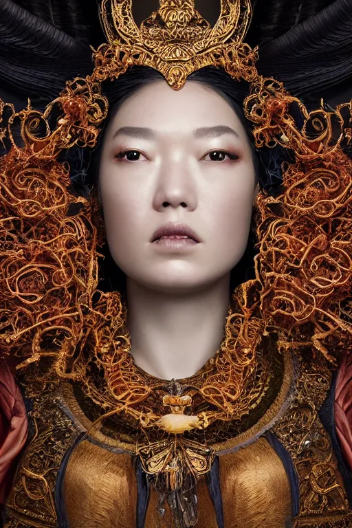 Image similar to a beautiful empress portrait, with a gross, impossible striking big worm headpiece, clothes entirely made out of worms, everything worms, symmetrical, dramatic studio lighting, rococo, baroque, asian, hyperrealism, closeup, D&D, fantasy, intricate, elegant, highly detailed, digital painting, artstation, octane render, 8k, concept art, matte, sharp focus, illustration, art by Artgerm and Greg Rutkowski and Alphonse Mucha