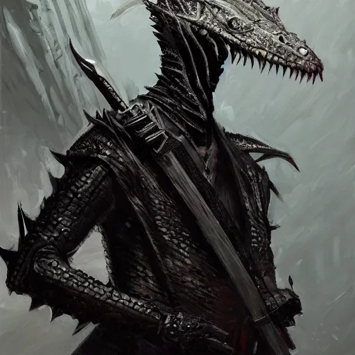 Prompt: reflective black-scaled thin chaotic neutral DnD lizardborn wearing a biker jacket and holding a scimitar, DnD Character, Oil Painting, Greg Rutkowski, head view, beautiful portrait, trending on artstation, character, smug