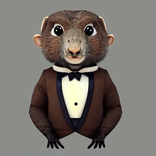 Image similar to a cute anthro brown marmot in a tuxedo while holding a pencil, digital art, trending on art station, 3 d artistic render, octane, blender, cartoon, shadows, lighting