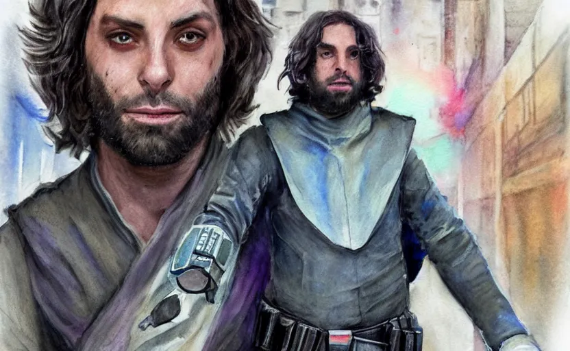 Image similar to a realistic star wars watercolor fantasy concept art of chris d'elia as a drug dealer in a sleazy futuristic city of coruscant, hq, 4 k