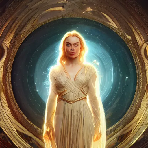 Image similar to margot robbie as galadriel by leonardo divinci, greg rutkowski, alphonse mucha, mystical cosmic lighting, octane render, artstation, rey tracing, golden ratio, rule of thirds, perfect composition