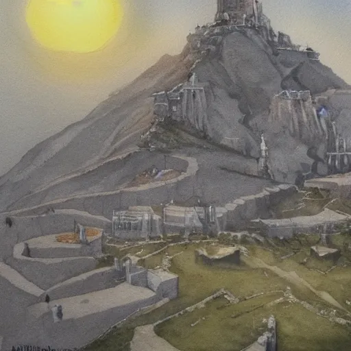 Image similar to minas tirith at sunrise. watercolor. trending on artstation.
