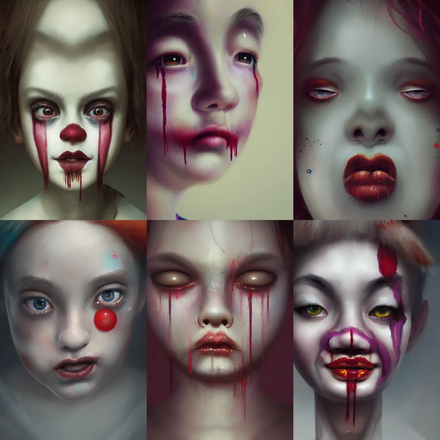 Prompt: breathtaking detailed painting of clown girl tears eyes , with anxious, piercing eyes, art by Hsiao-Ron Cheng, extremely moody lighting, hyperrealistic, octane render, ambient light, dynamic lighting