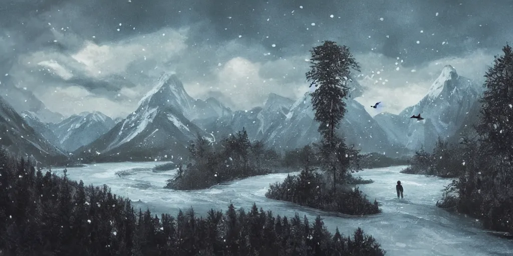 Image similar to A majestic landscape featuring a river, mountains and a forest. A small group of birds is flying in the sky. Harsh winter. very windy. There is a man walking in a deep snow.Camera is positioned behind the man. Cinematic, very beautiful, painting in the style of Lord of the rings