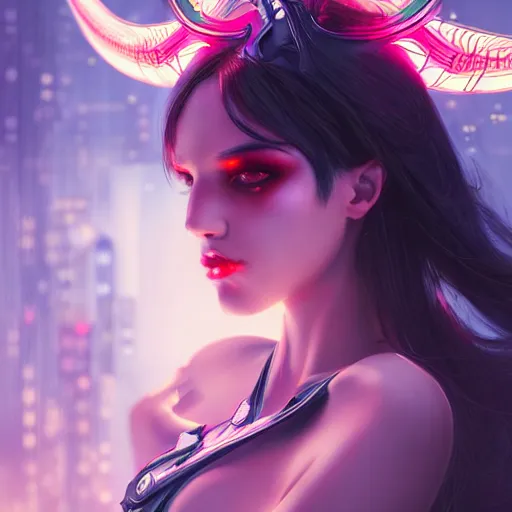 Image similar to portrait futuristic Devil Girl with horns and wings, in future cyberpunk tokyo rooftop , ssci-fi, fantasy, intricate, very very beautiful, elegant, human anatomy, neon light, highly detailed, digital painting, artstation, concept art, smooth, sharp focus, illustration, art by tian zi and WLOP and alphonse mucha