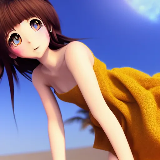 Prompt: Render of a very beautiful 3d anime girl, long hair, hazel eyes, cute freckles, full round face, short smile, cute sundress, golden hour, serene beach setting, cinematic lightning, medium shot, mid-shot, highly detailed, trending on Artstation, Unreal Engine 4k, cinematic wallpaper