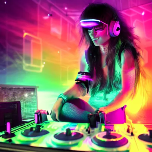 Image similar to a female woman dj playing music on a controller under the stars at a rave party, wearing headphones, long blonde hair with a side part, small kitten sitting nearby, neon pink, neon purple, octane 8 k render, hyper realistic, cyberpunk