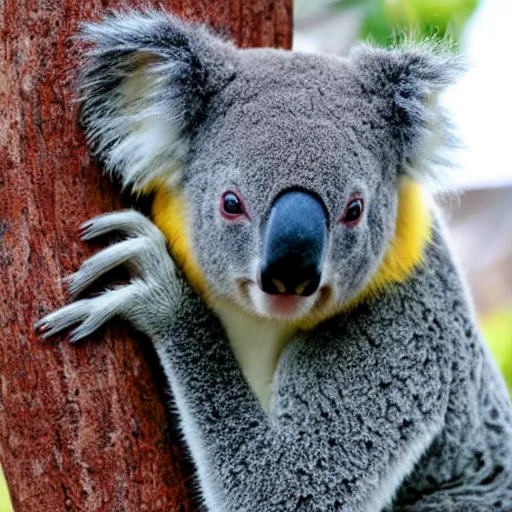 Image similar to a surreal photo of a very rare koala with yellow hair
