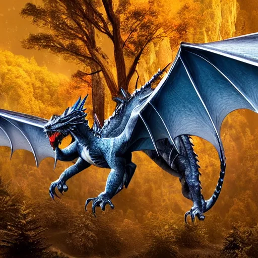 Image similar to High quality, beautiful and majestic western dragon in the mountains surrounded by snow and trees with wings spread out to the side while roaring, ultra high quality, 3d rendering, award-winning