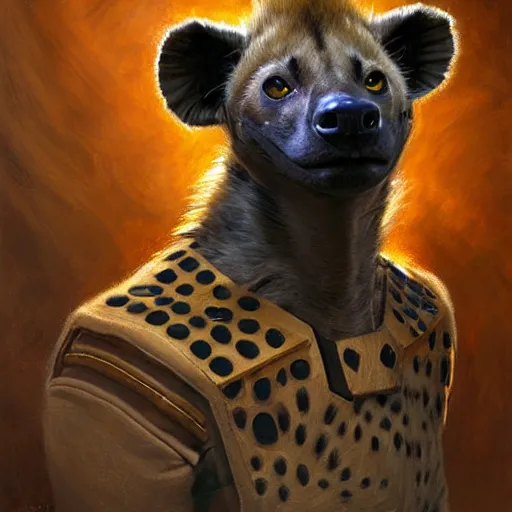 Image similar to a portrait of a hyena hyenaman canine star trek in a starfleet uniform chief engineer. highly detailed painting by gaston bussiere craig mullins jc leyendecker gustav klimt artgerm greg rutkowski furry