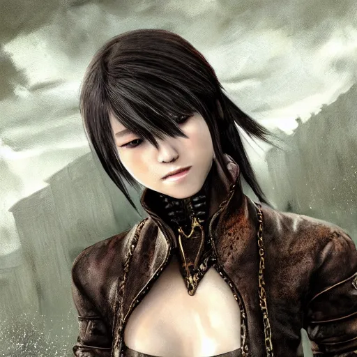 Prompt: perfect, realistic oil painting of close-up japanese young woman wearing leather jacket, in Demon's Souls game