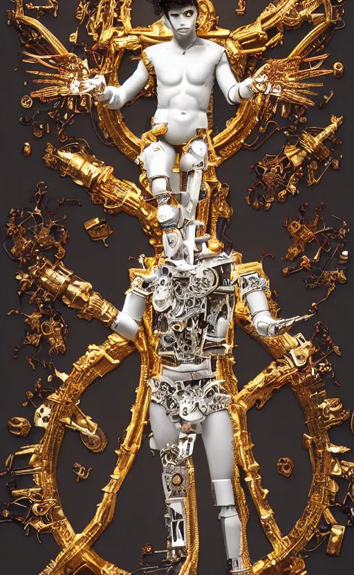Prompt: baroque and cyberpunk style full-body sculpture of a young seductive Hispanic prince half android with a chest exposing a glowing ruby battery with porcelain arms posed like a model, glowing gold laser eyes, crown of white gears and sparkling diamonds, swirling white-colored silk fabric, robot dinosaurs. geometric elements. reflective surfaces. intricate artwork by caravaggio. art by Artgerm and Alphonse Mucha, Trending on artstation, cinematic industrial lighting, photorealistic, octane render, 8k, depth of field, 3D