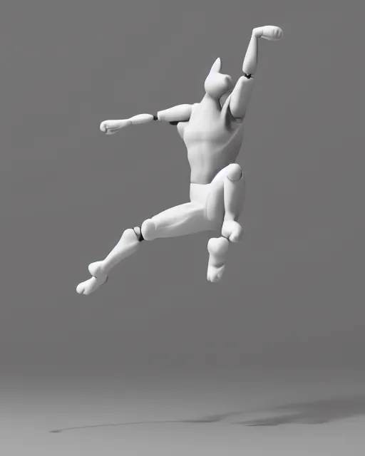 Image similar to full body 3d render of a cat leaping mid air as a stylized action figure, studio lighting, white background, blender, trending on artstation, 8k, highly detailed