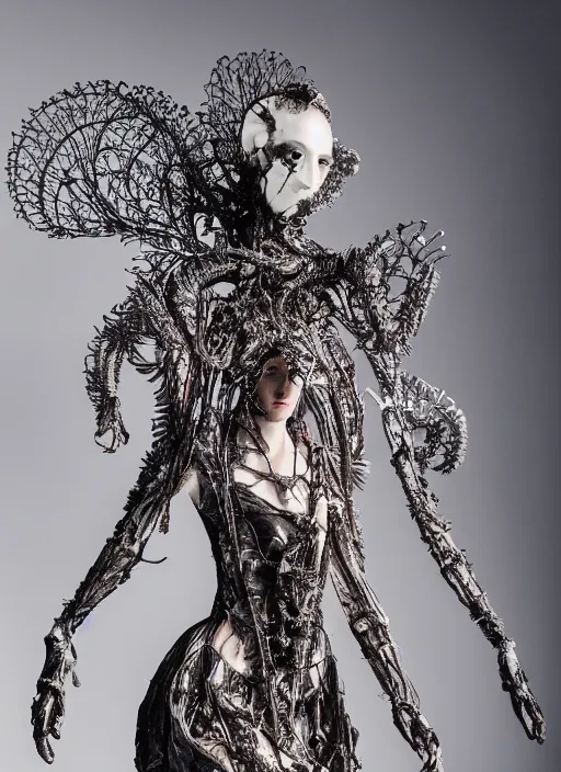 Image similar to walking down the catwalk, ben watts, show, stage, vogue photo, podium, fashion show photo, historical baroque dress dark, iris van herpen, beautiful woman, masterpiece, intricate, biopunk, vogue, full body shot, alien, plant predator, guyver, jellyfish, white biomechanical details, highly detailed