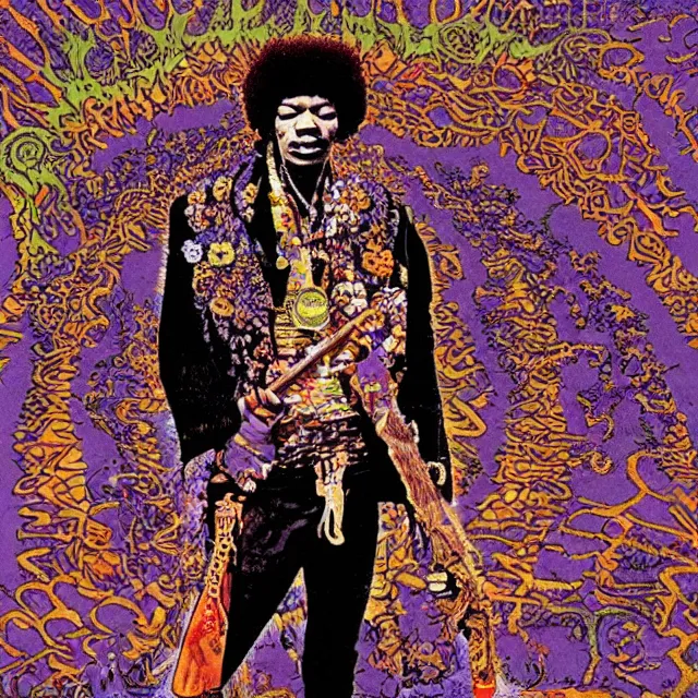 Image similar to jimi hendrix standing in a voodoo circle at the beginning of the world by jean giraud and moebius