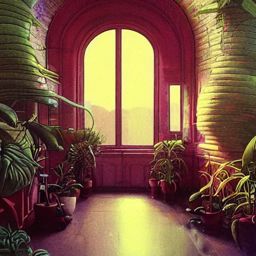 Prompt: 80s interior with arched windows, neon lighting, hanging plants, cinematic, cyberpunk, lofi, calming, dramatic, fantasy, by Moebius, by zdzisław beksiński, Fantasy LUT, epic composition,