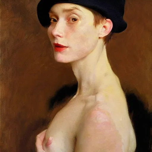 Prompt: stunning masterful portrait of a striking European pale woman with short pink hair wearing a black French beret and high cheek bones by Andrew Wyeth, John Singer Sargent, and Norman Rockwell, natural light, oil painting, ethereal, earth tones, strong brushwork