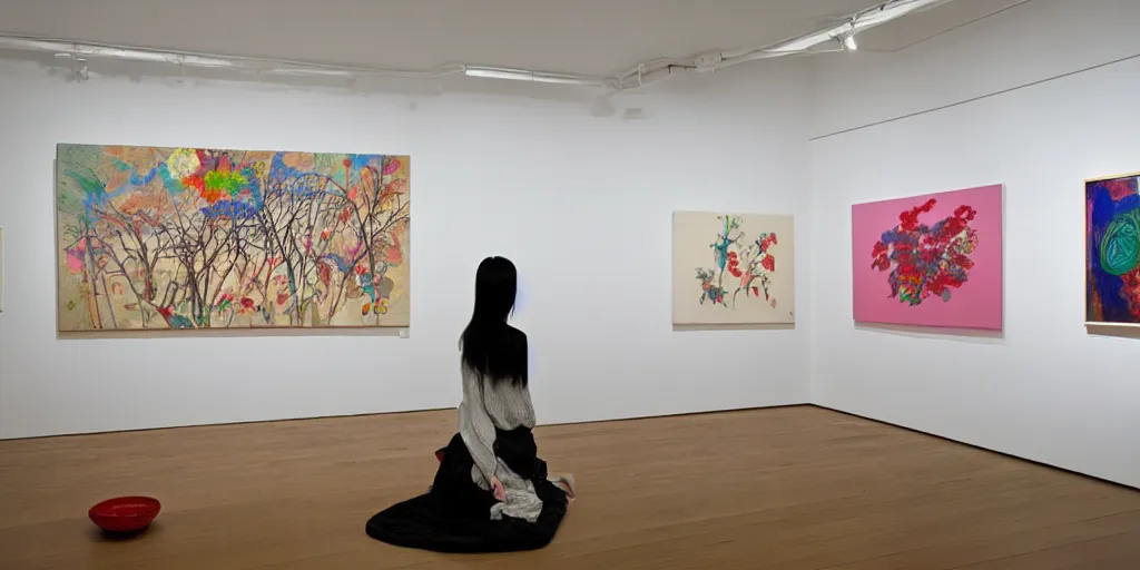 Prompt: art in an Korean artist’s apartment, organic, national Art School MFA, Korean influences, French, Australian, womanhood