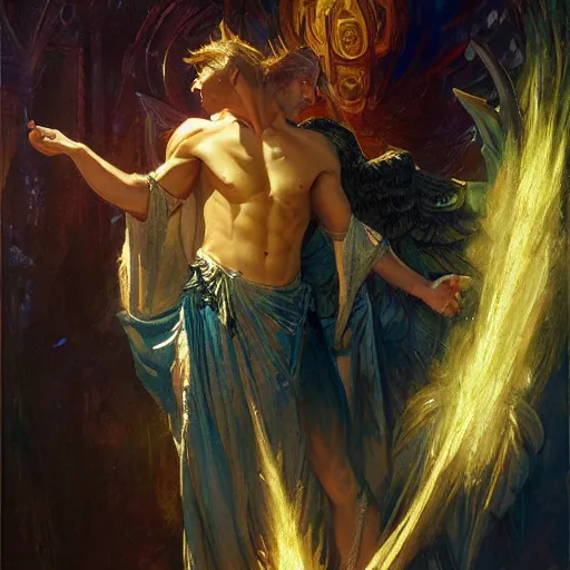 Image similar to attractive male deity casts light spell, summons attractive male lucifer morningstar. highly detailed painting by gaston bussiere, craig mullins, j. c. leyendecker 8 k