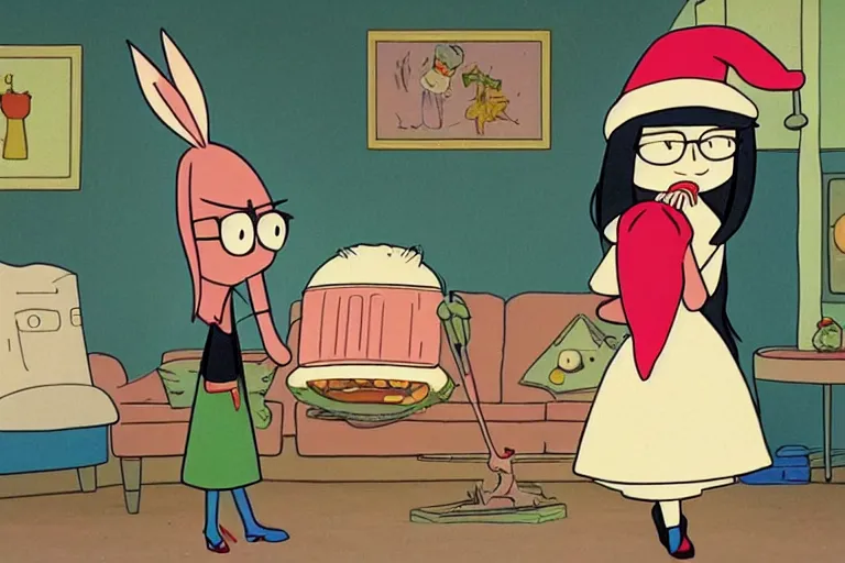 Prompt: Bob\'s Burgers Louise Belcher screenshot, in the style of Rankin/Bass, Pinocchio\'s Christmas (1980)